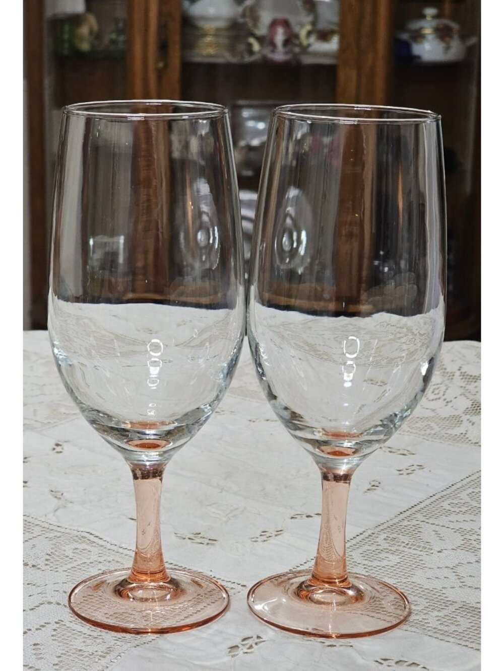 2 Cristal DArques Rose Ice Tea Glasses 8" pink stemmed clear bowl Made in France